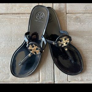 Tory Burch Mini Miller Jelly Thong Sandal Black Gold Size 7